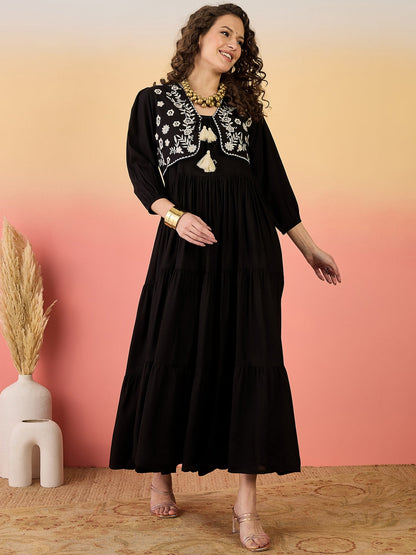 Black Solid & Embroidered Rayon Tiered Dress With Jacket