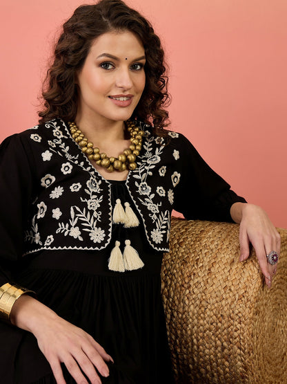 Black Solid & Embroidered Rayon Tiered Dress With Jacket (Pre-Order)
