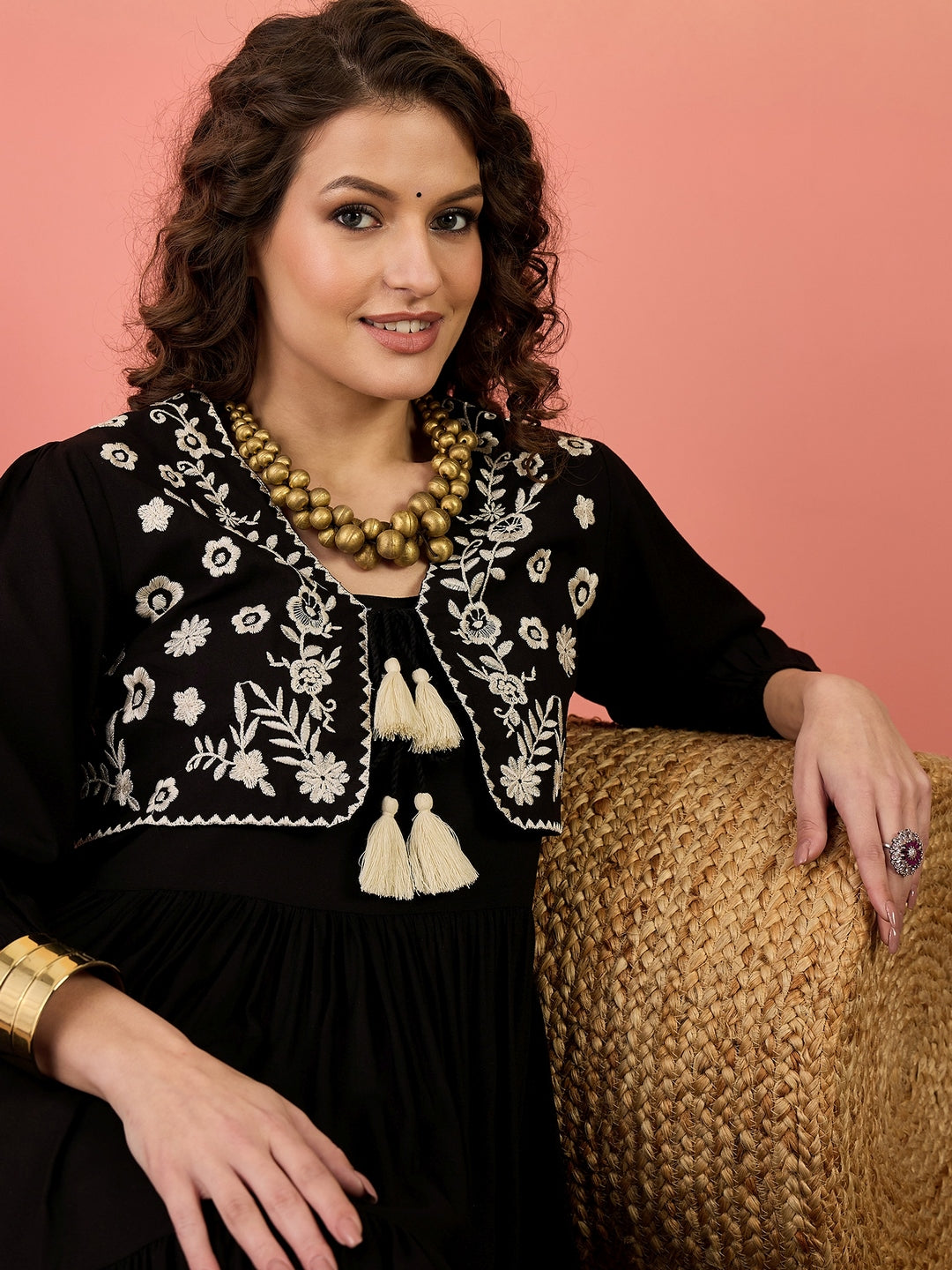 Black Solid & Embroidered Rayon Tiered Dress With Jacket