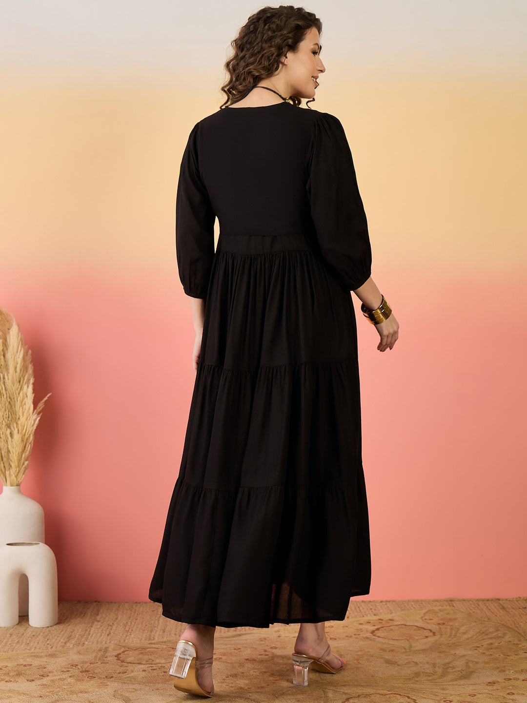 Black Solid & Embroidered Rayon Tiered Dress With Jacket (Pre-Order)