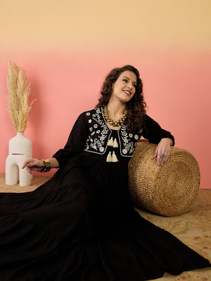 Black Solid & Embroidered Rayon Tiered Dress With Jacket (Pre-Order)