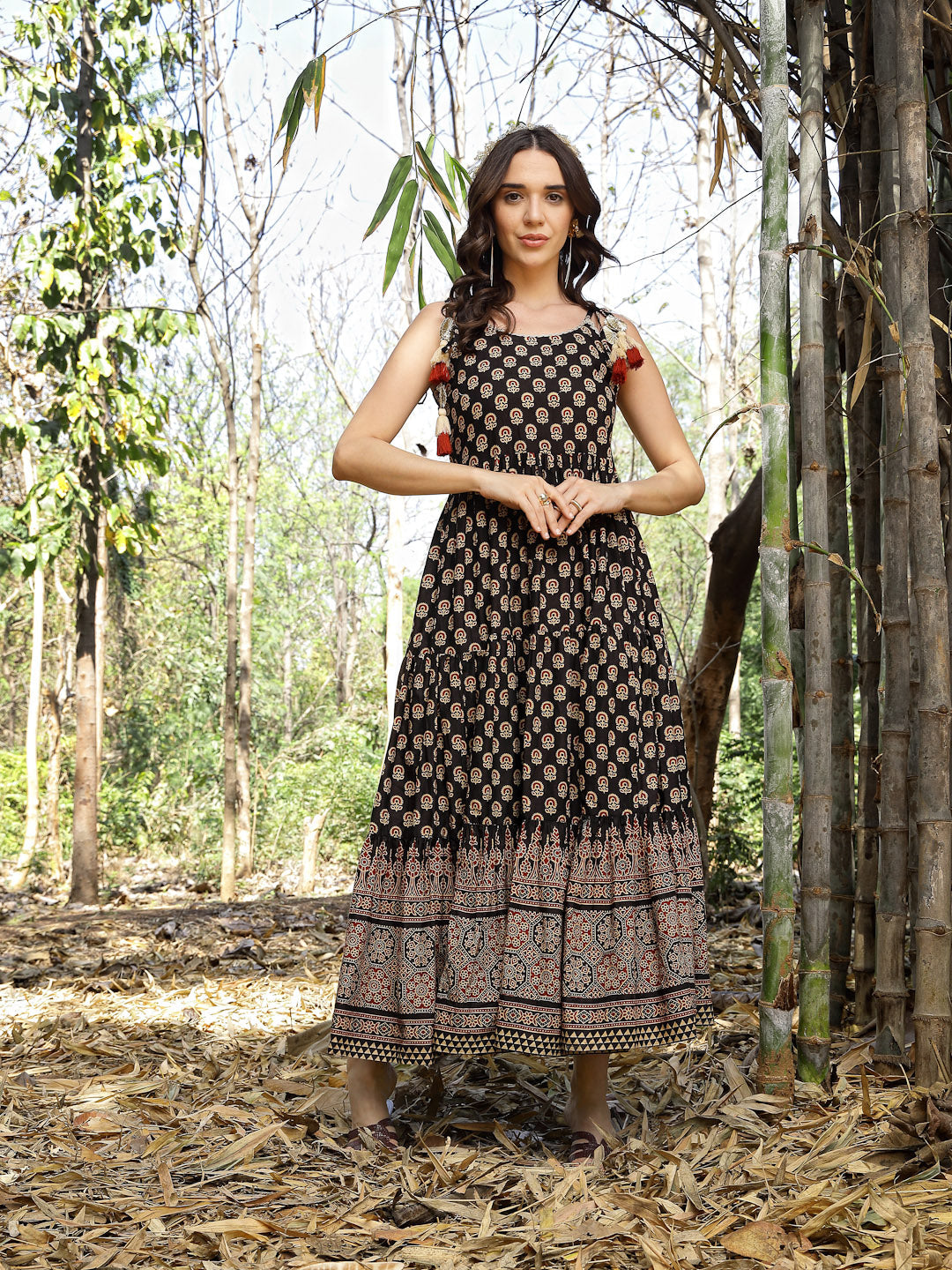 Black Ethnic Printed Cotton Tiered Dress