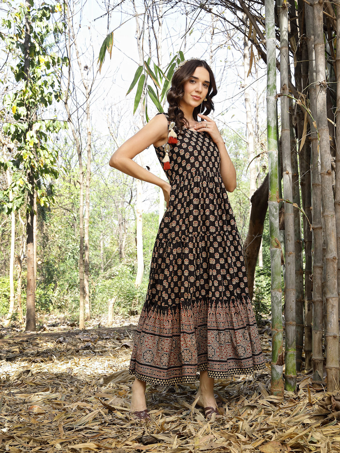 Black Ethnic Printed Cotton Tiered Dress