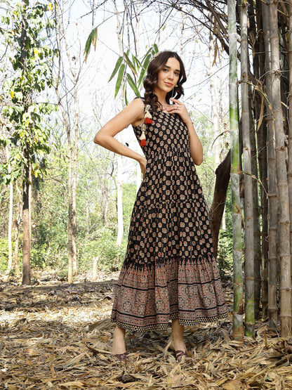 Black Ethnic Printed Cotton Tiered Dress