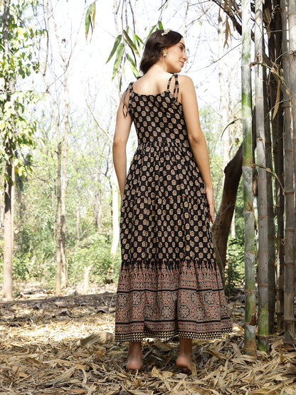 Black Ethnic Printed Cotton Tiered Dress