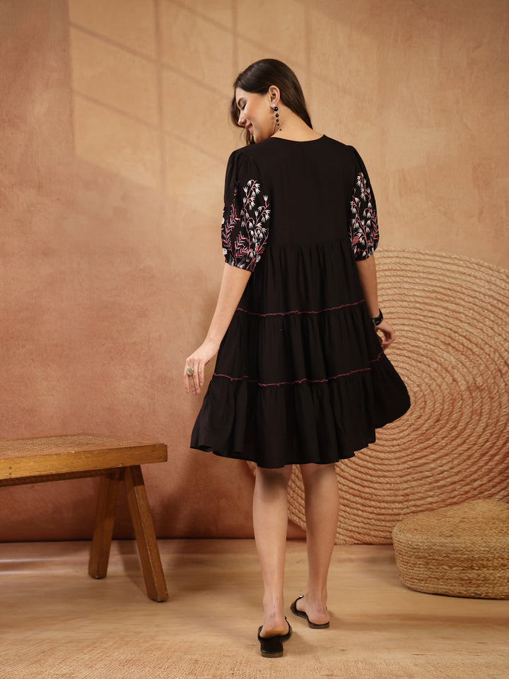 Solid &amp; Embroidered Rayon Tiered Dress