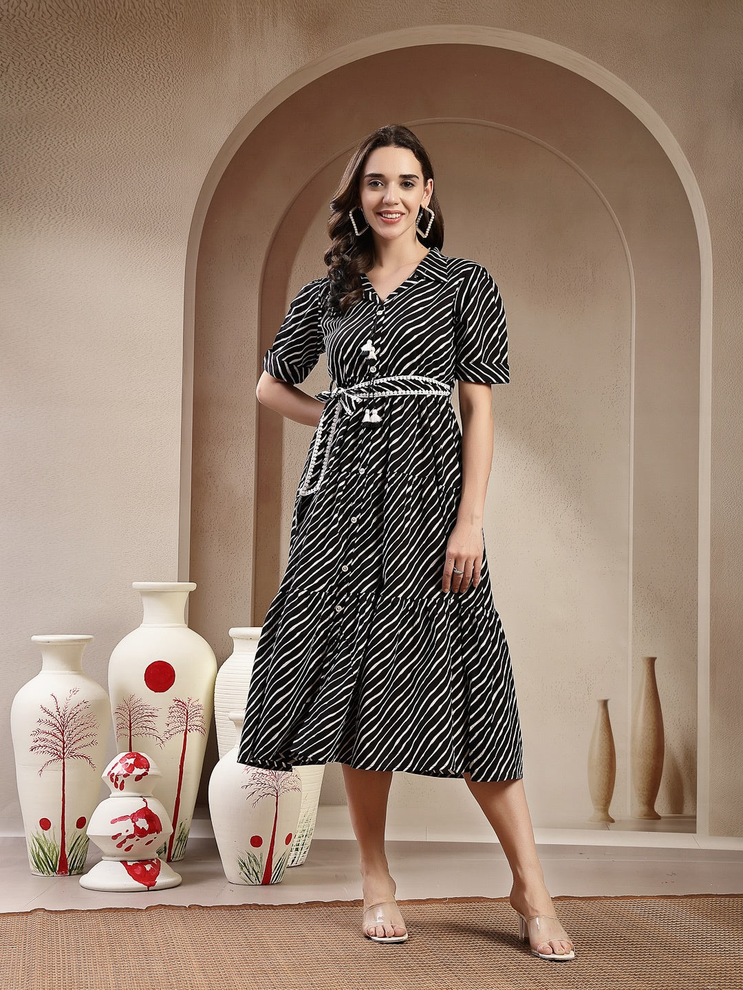 Black Leheriya Printed Cotton Tiered Dress (Pre-Order)