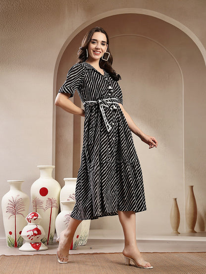 Black Leheriya Printed Cotton Tiered Dress (Pre-Order)