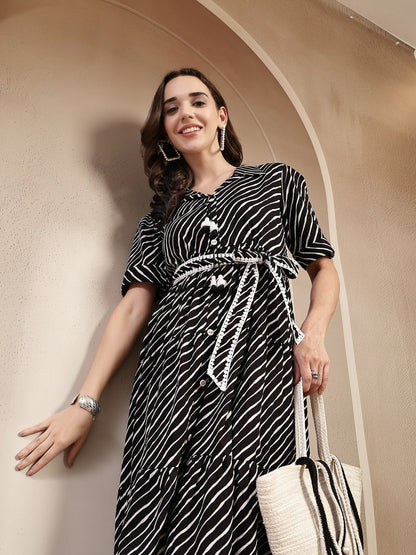 Black Leheriya Printed Cotton Tiered Dress (Pre-Order)