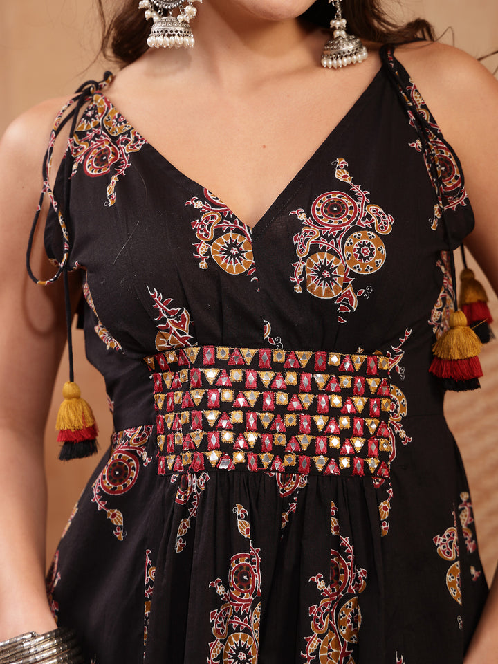 Ethnic Printed &amp; Embroidered Cotton A-Line Shoulder Tie-Up Dress
