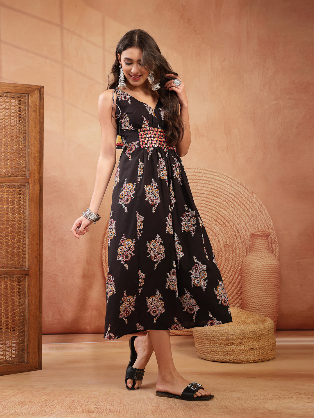 Ethnic Printed &amp; Embroidered Cotton A-Line Shoulder Tie-Up Dress