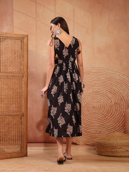 Ethnic Printed & Embroidered Cotton A-Line Shoulder Tie-Up Dress