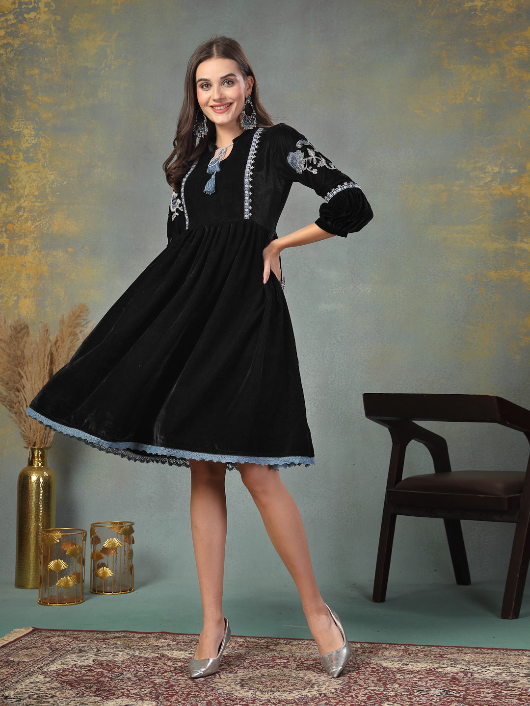 Black Solid & Embroidered Velvet Flared Dress