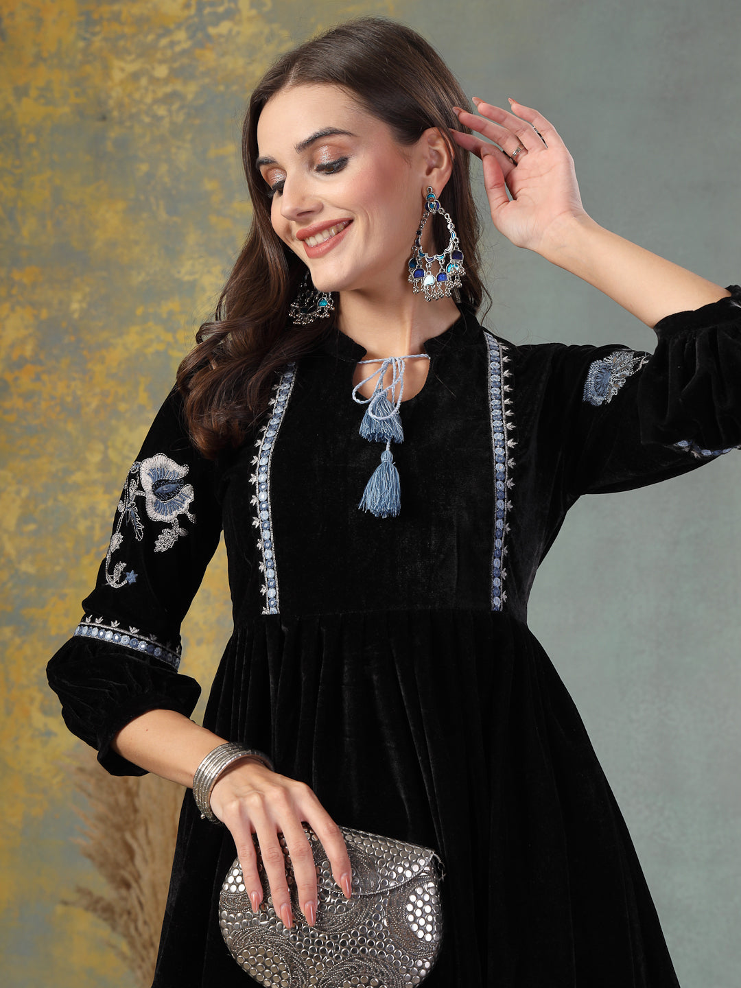 Black Solid & Embroidered Velvet Flared Dress (Pre-Order)