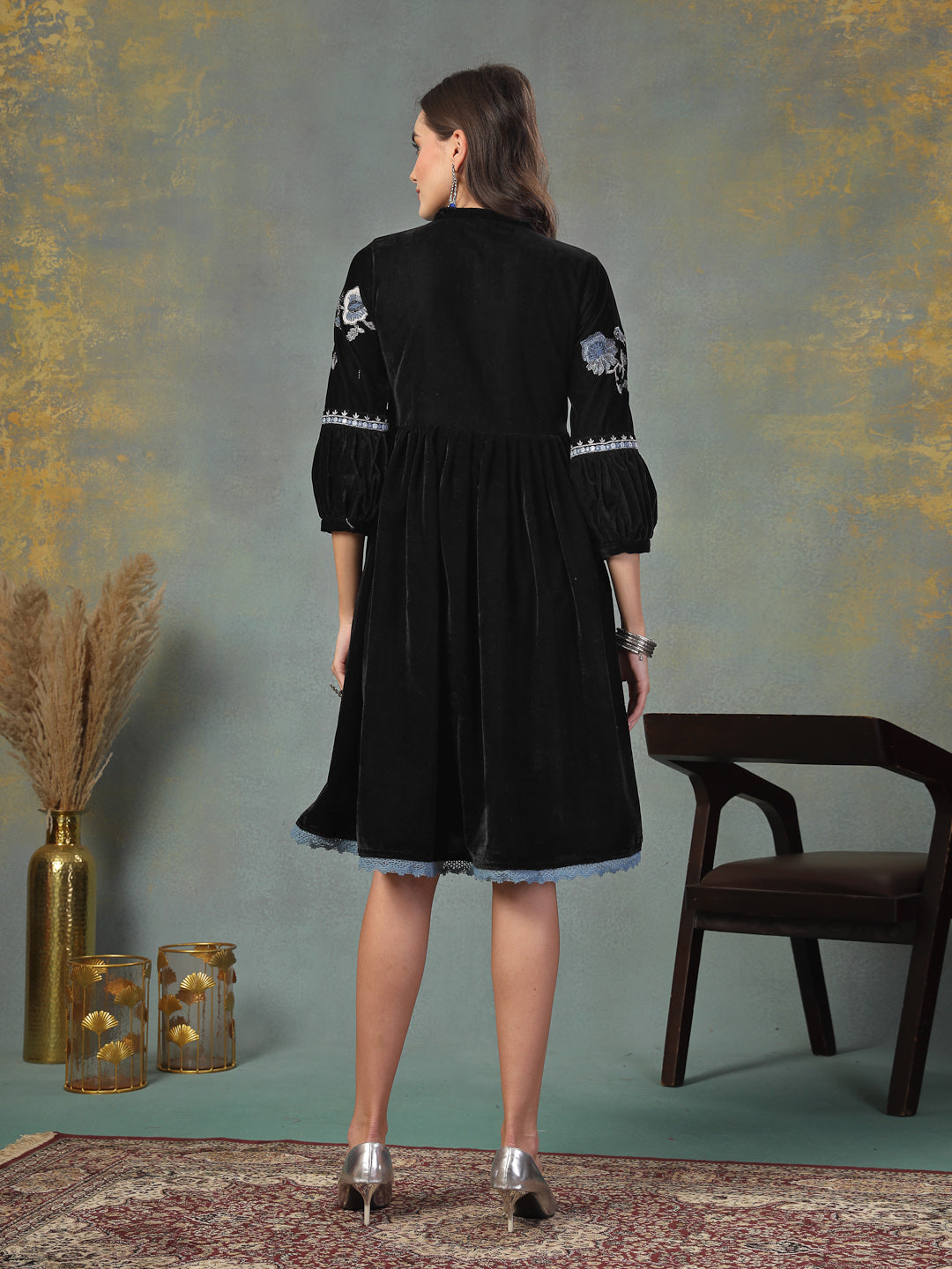 Black Solid & Embroidered Velvet Flared Dress (Pre-Order)