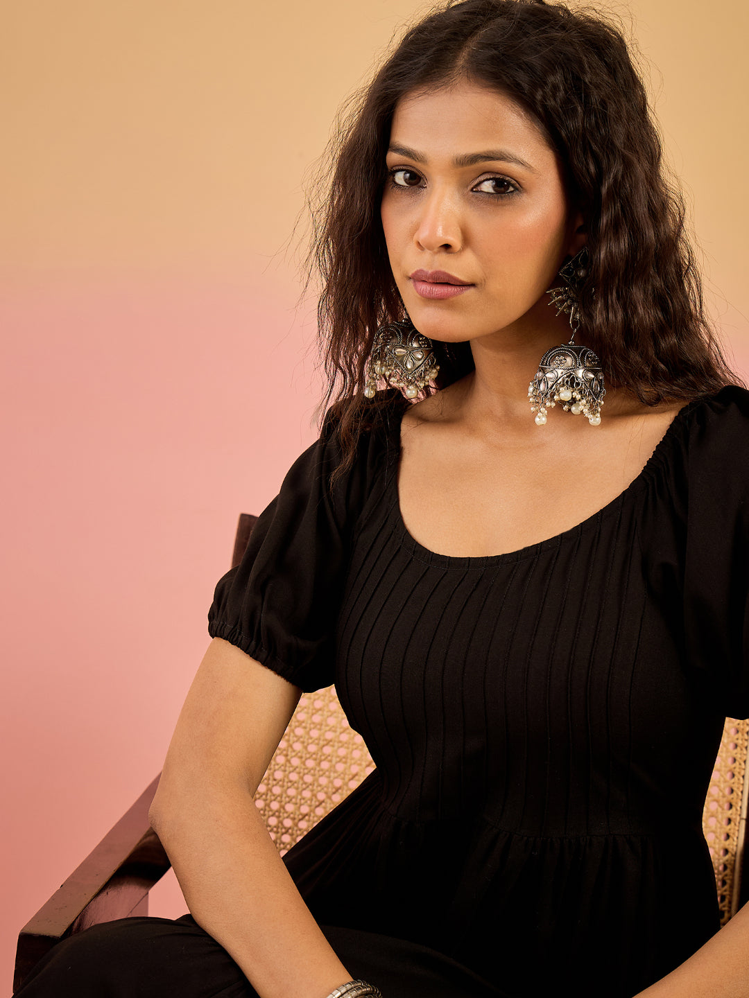 Black Printed Rayon Tiered Dress