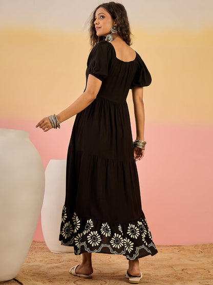 Black Printed Rayon Tiered Dress