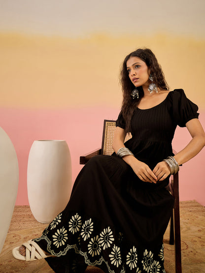 Black Printed Rayon Tiered Dress