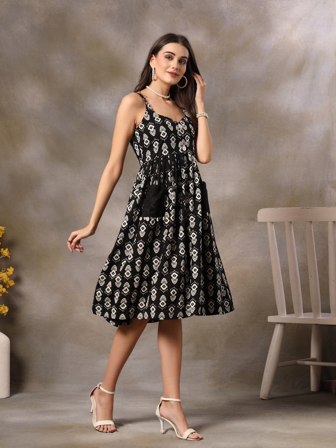 Black Ikkat Printed Rayon Flared Dress