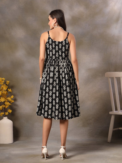 Black Ikkat Printed Rayon Flared Dress (Pre-Order)