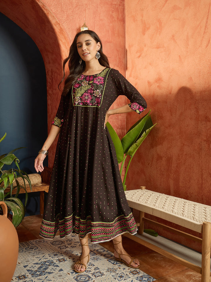 Polka Dots Printed &amp; Embroidered Rayon Flared Dress