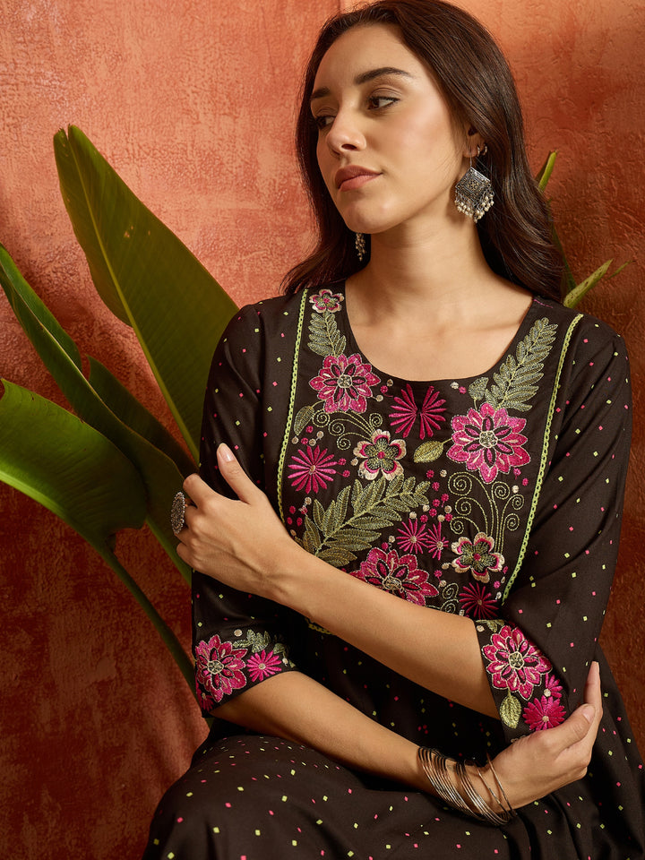 Polka Dots Printed &amp; Embroidered Rayon Flared Dress