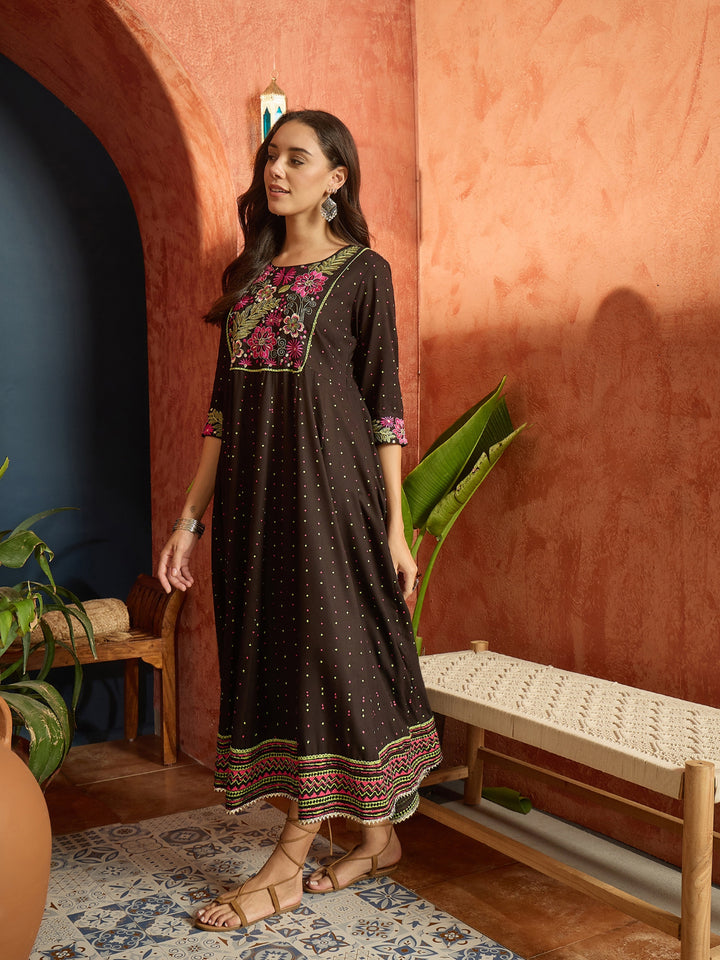 Polka Dots Printed &amp; Embroidered Rayon Flared Dress