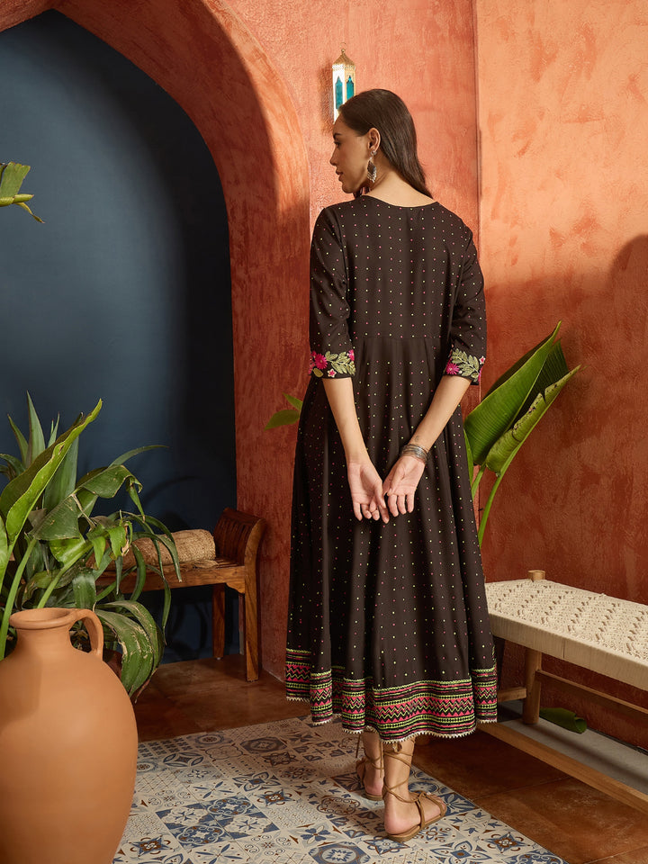 Polka Dots Printed &amp; Embroidered Rayon Flared Dress