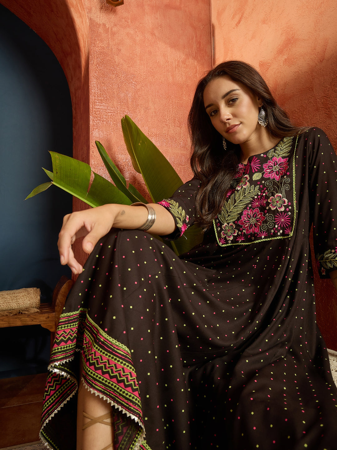 Polka Dots Printed &amp; Embroidered Rayon Flared Dress