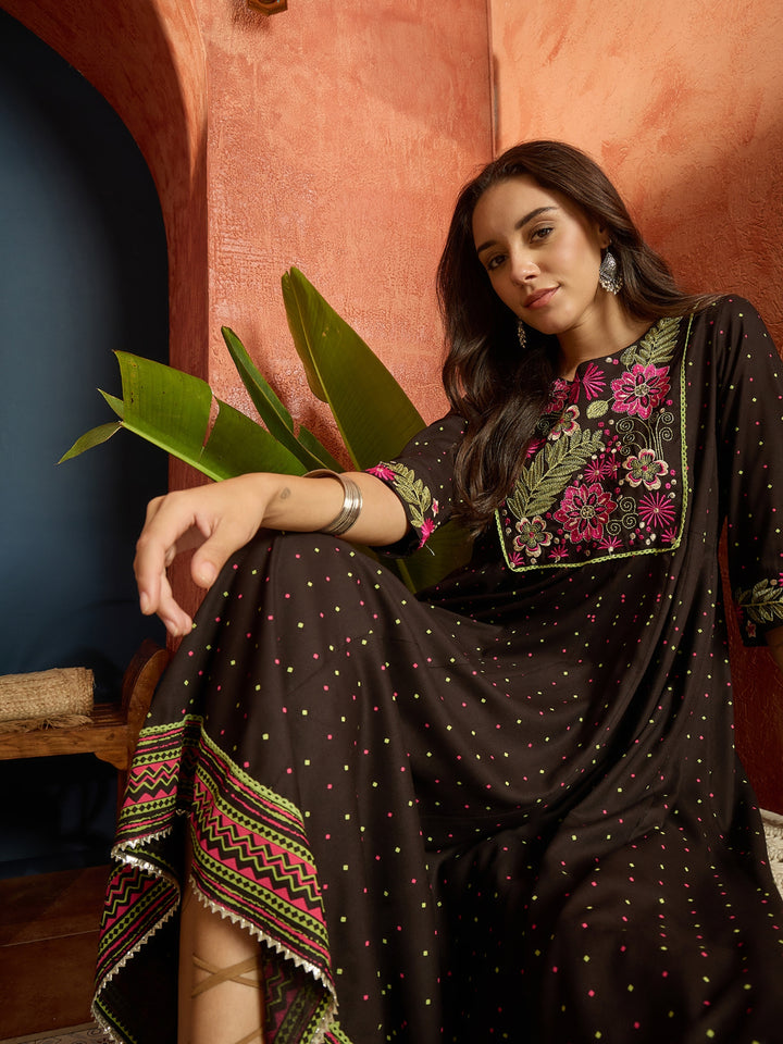 Polka Dots Printed &amp; Embroidered Rayon Flared Dress