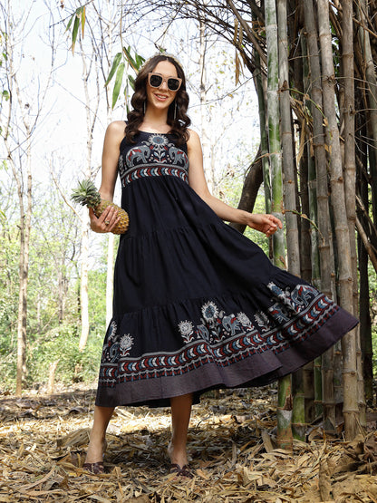 Blue Ethnic Printed Cotton Flax Tiered Dress (Pre-Order)