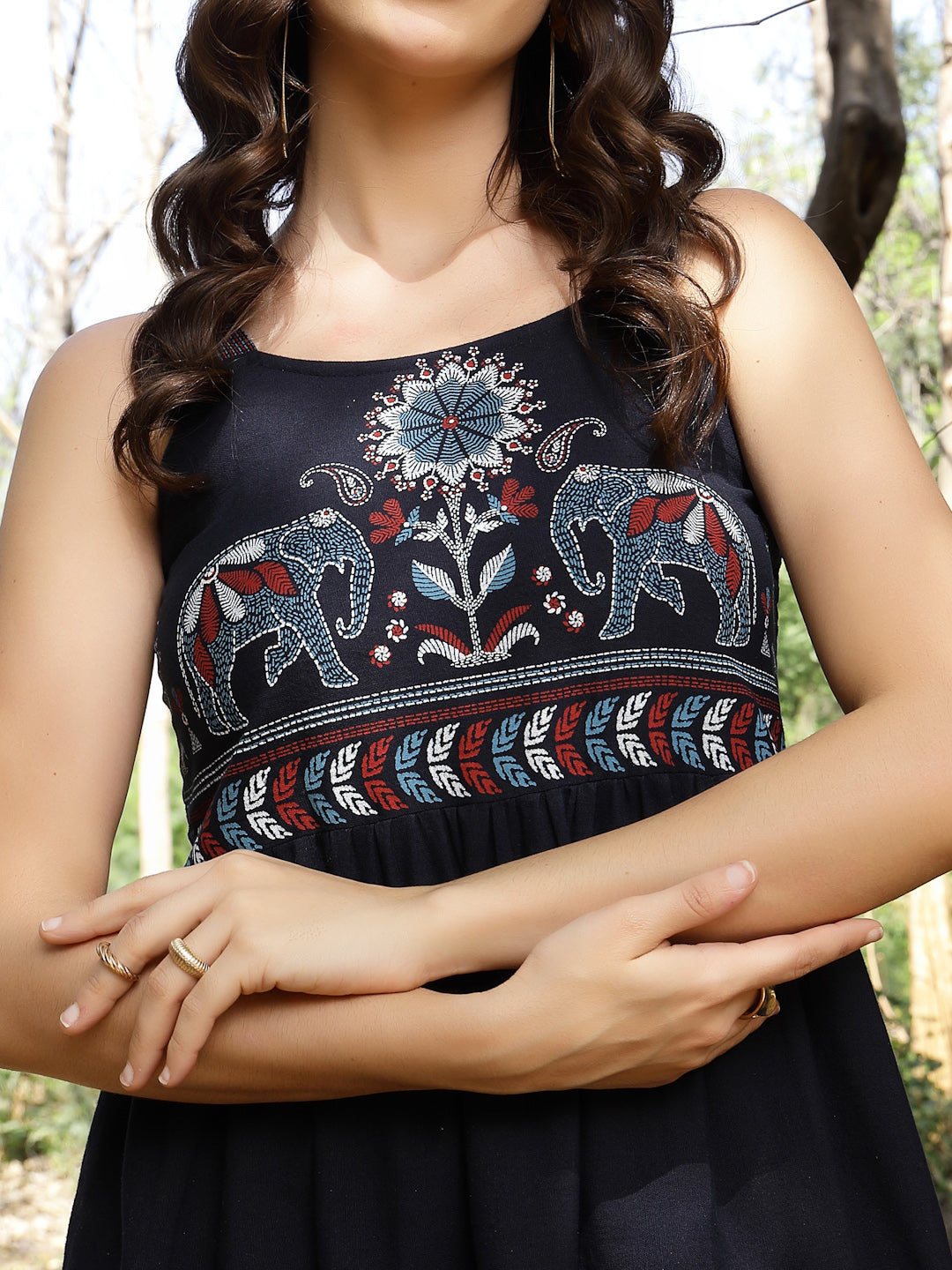 Blue Ethnic Printed Cotton Flax Tiered Dress (Pre-Order)