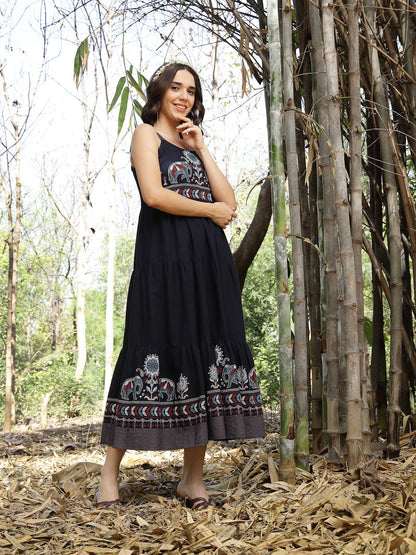 Blue Ethnic Printed Cotton Flax Tiered Dress (Pre-Order)