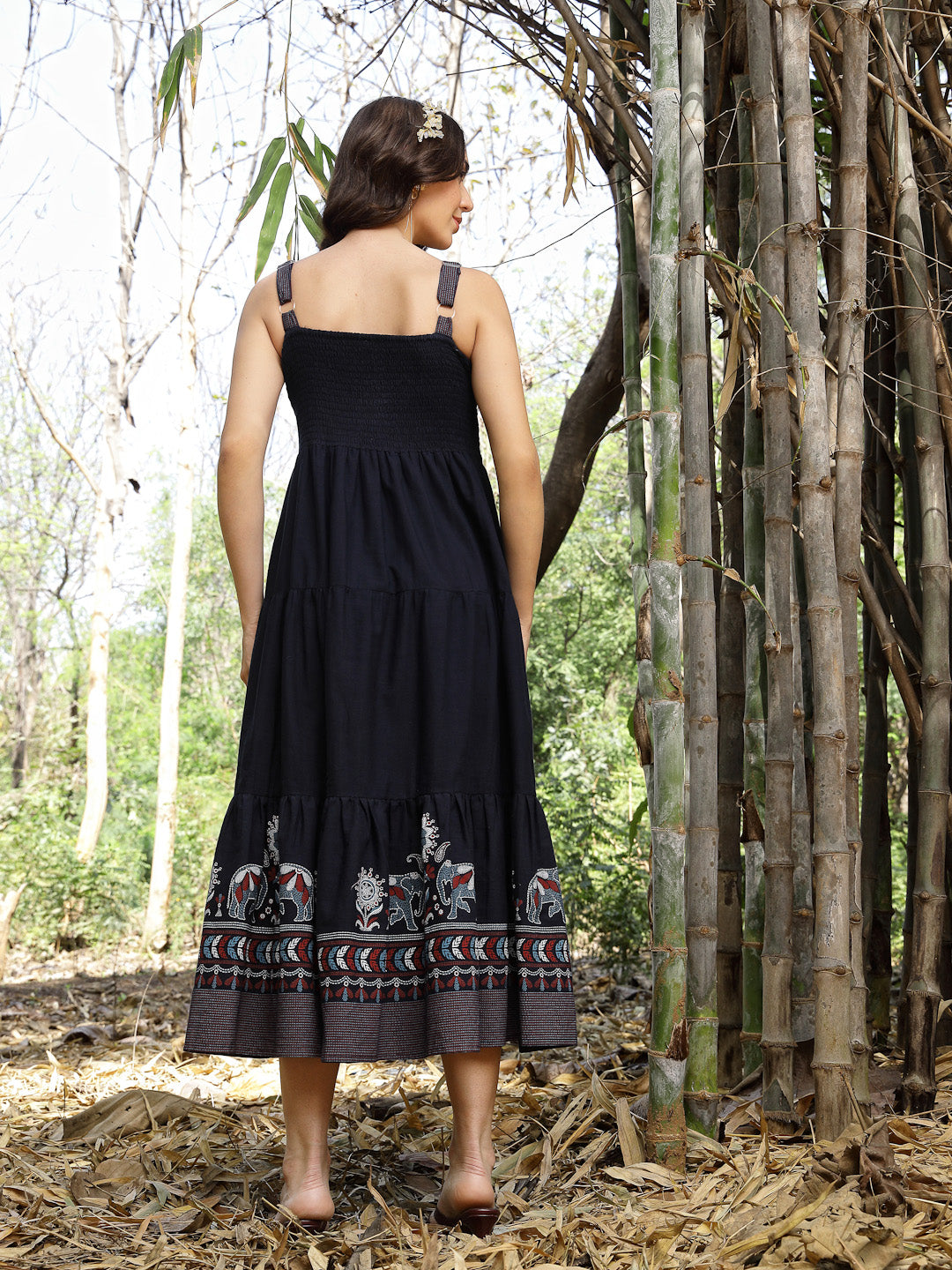 Blue Ethnic Printed Cotton Flax Tiered Dress (Pre-Order)