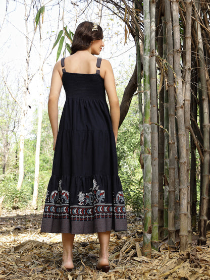 Blue Ethnic Printed Cotton Flax Tiered Dress (Pre-Order)
