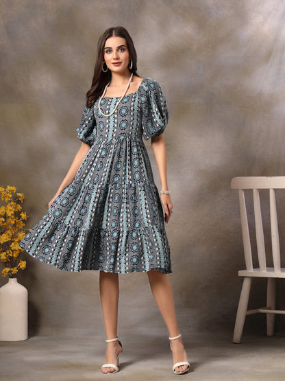 Blue Bandhani Printed Rayon Tiered Dress