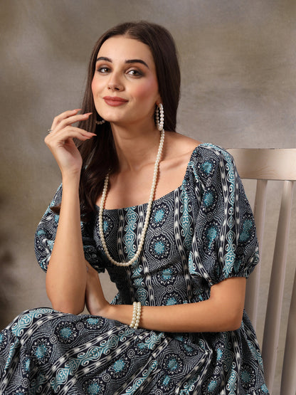 Blue Bandhani Printed Rayon Tiered Dress