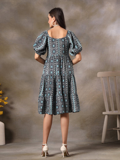 Blue Bandhani Printed Rayon Tiered Dress