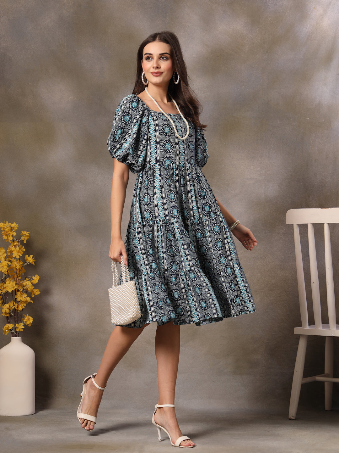 Blue Bandhani Printed Rayon Tiered Dress