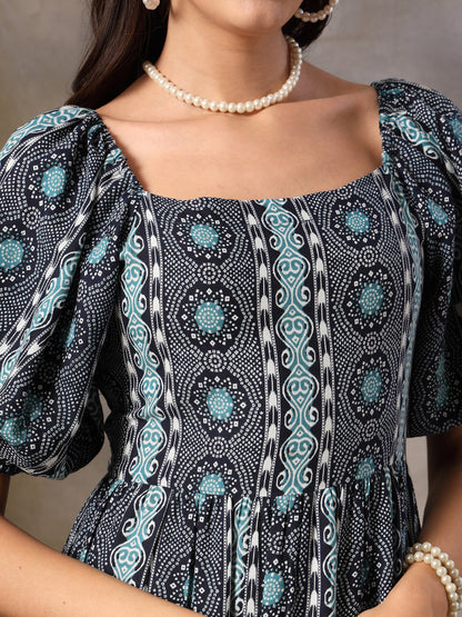 Blue Bandhani Printed Rayon Tiered Dress