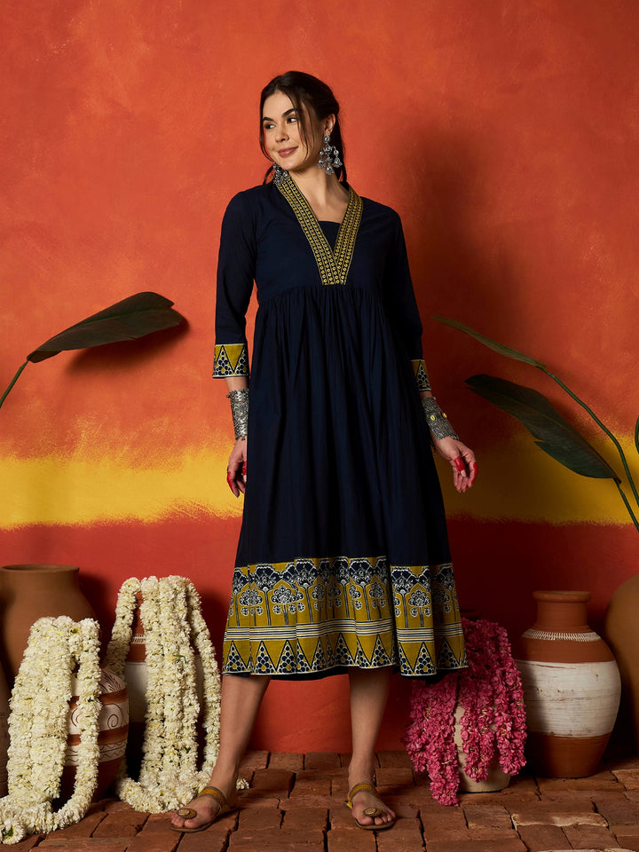 Solid &amp; Embroidered Pure Cotton A-Line Dress