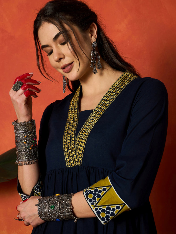 Solid &amp; Embroidered Pure Cotton A-Line Dress