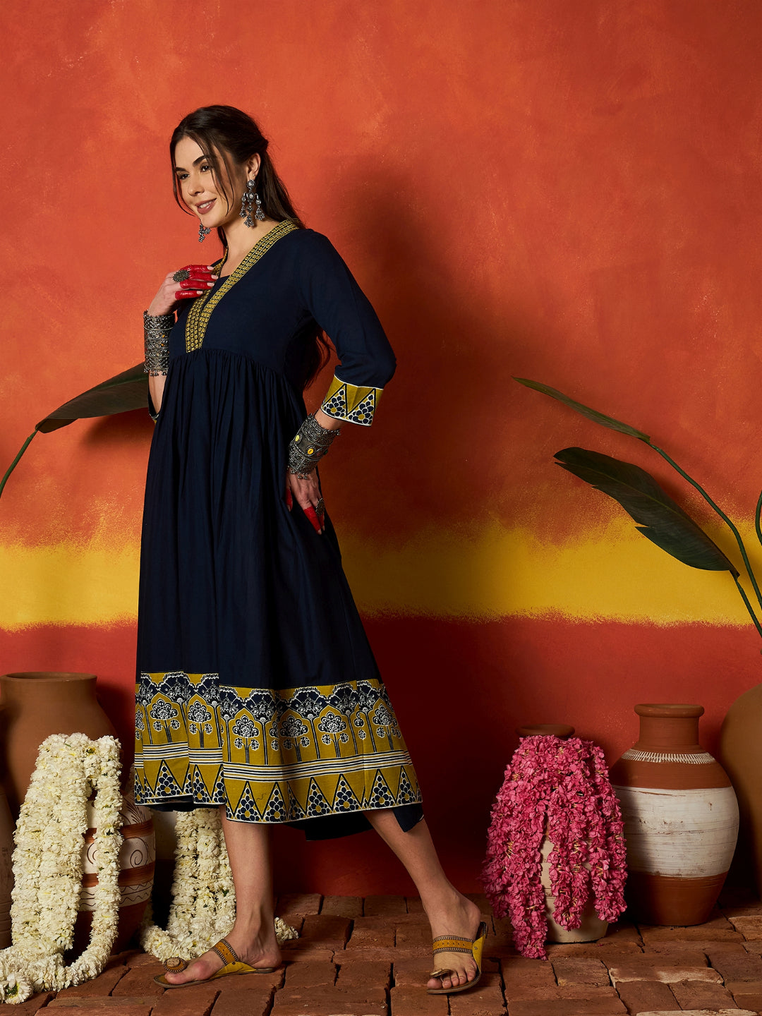Solid &amp; Embroidered Pure Cotton A-Line Dress