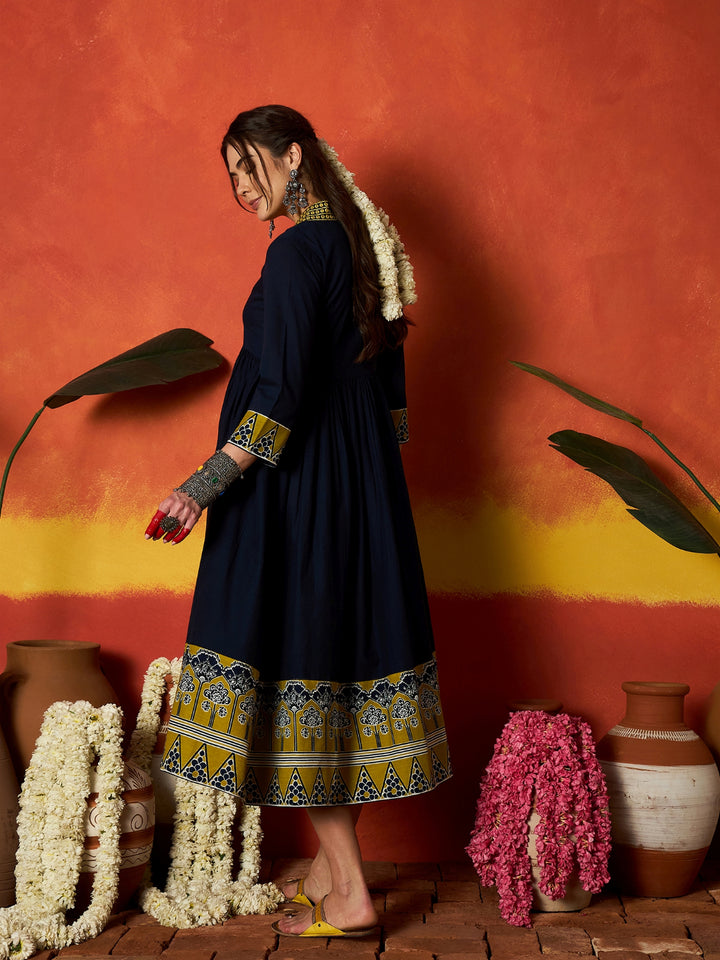 Solid &amp; Embroidered Pure Cotton A-Line Dress