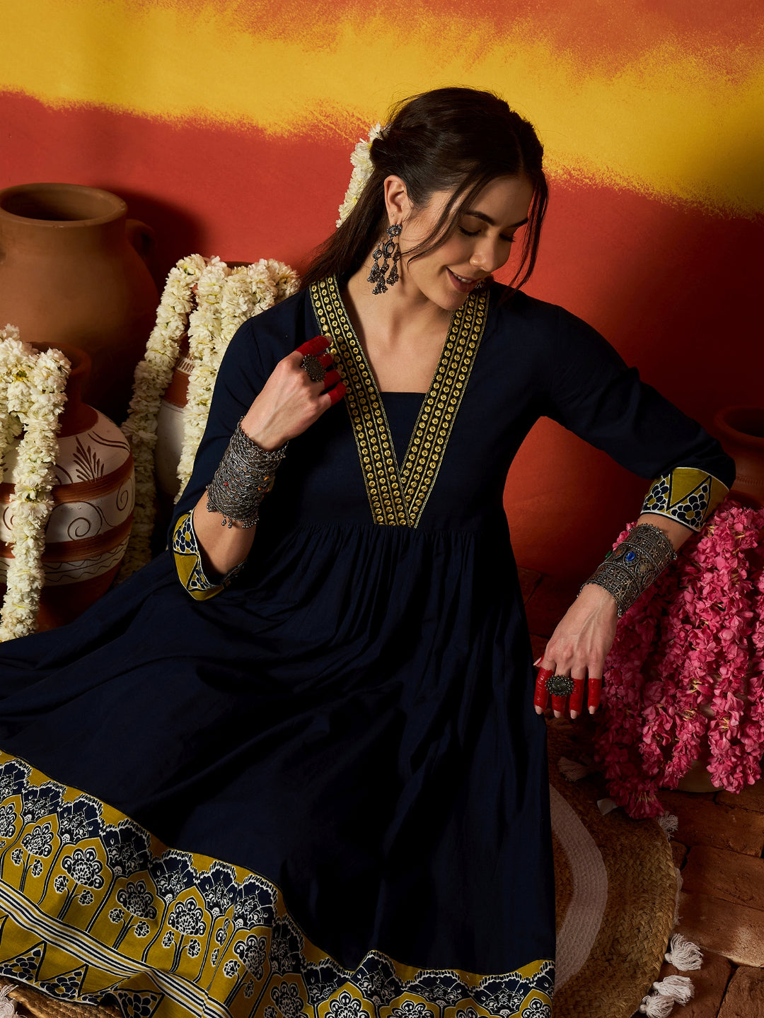 Solid &amp; Embroidered Pure Cotton A-Line Dress