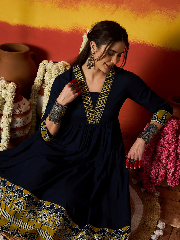 Solid &amp; Embroidered Pure Cotton A-Line Dress