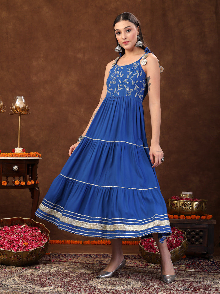 Blue Solid &amp; Embroidered Rayon Strappy Tiered Dress