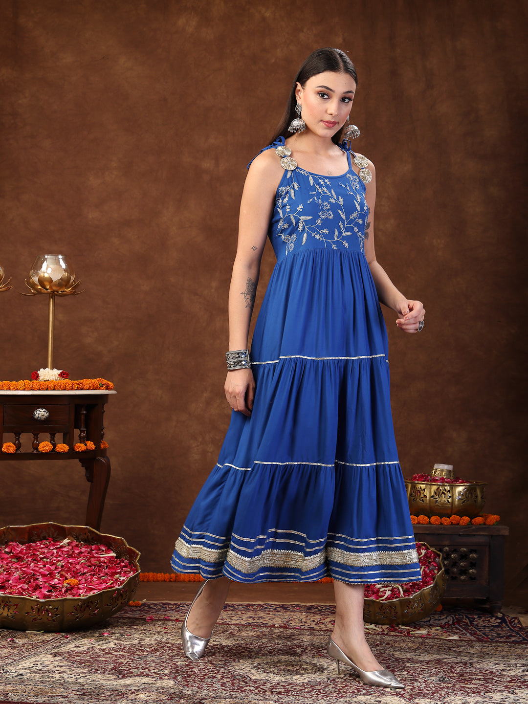 Blue Solid &amp; Embroidered Rayon Strappy Tiered Dress