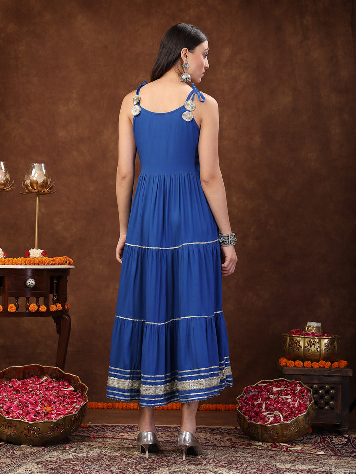 Blue Solid &amp; Embroidered Rayon Strappy Tiered Dress