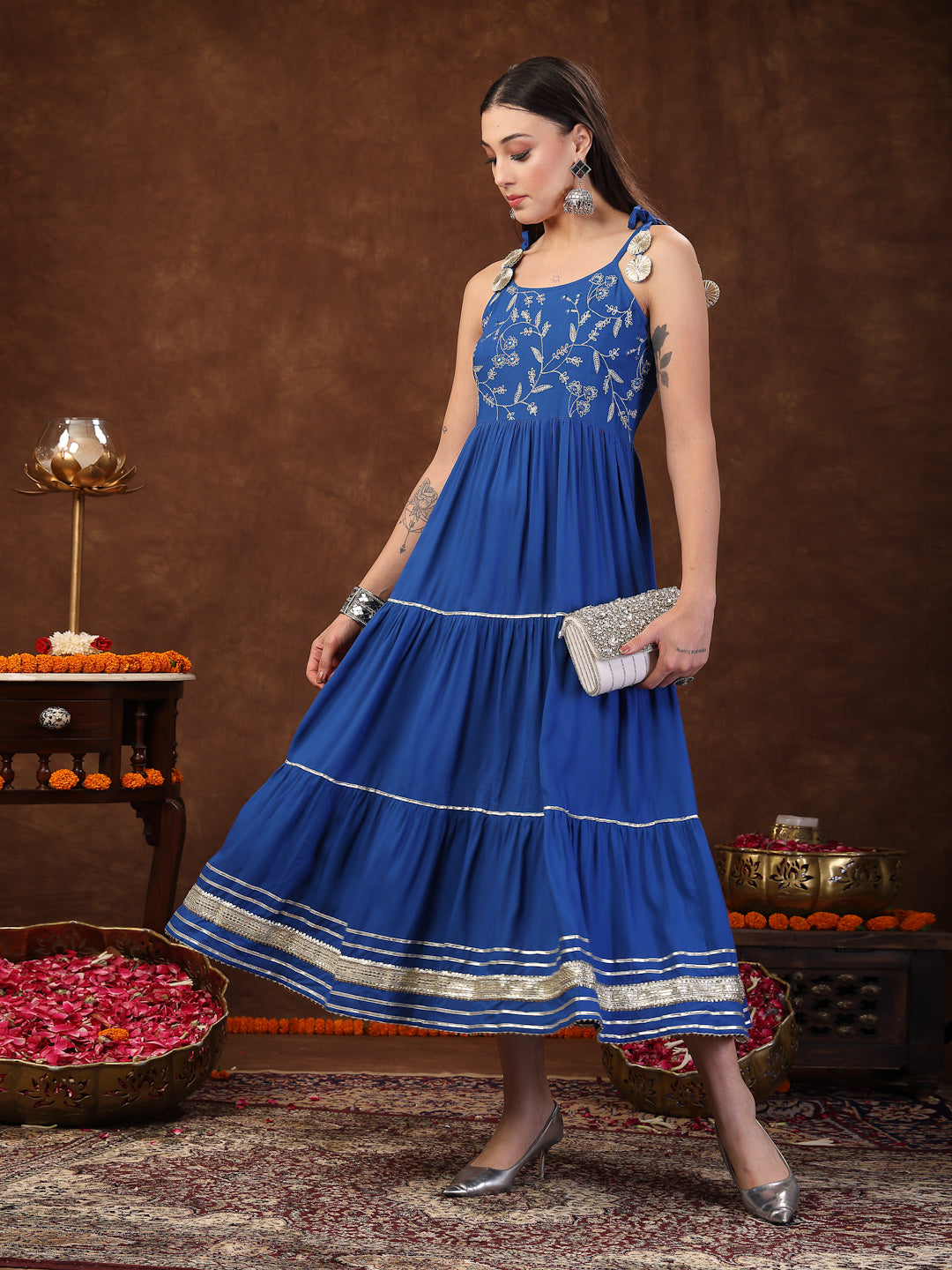 Blue Solid &amp; Embroidered Rayon Strappy Tiered Dress